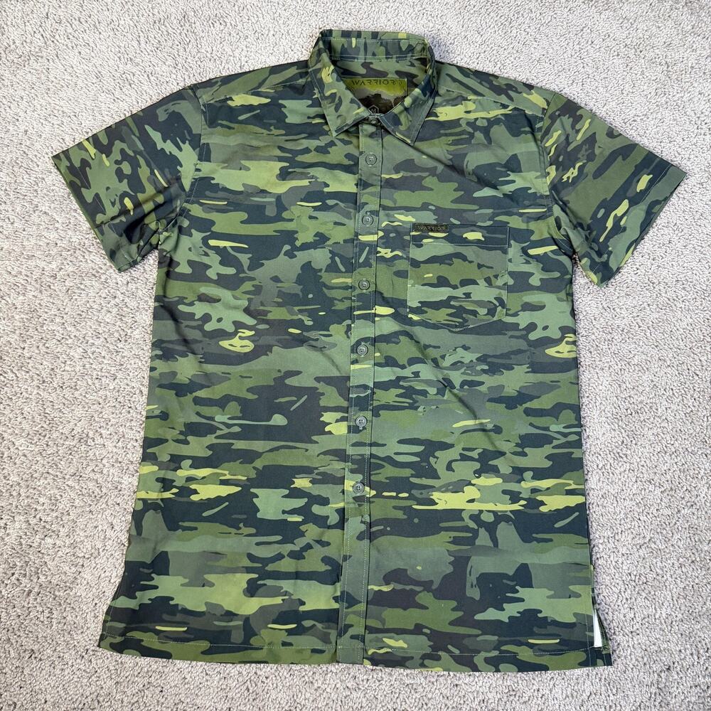 Warrior Camo Shirt Mens M Green Camo Short Sleeve Stretch Button Up Tactical